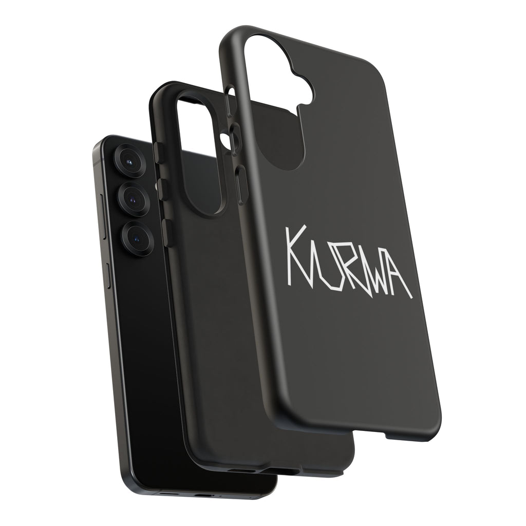 Etui na telefon - minimalistyczne czarne etui „KURWA” w stylu graffiti