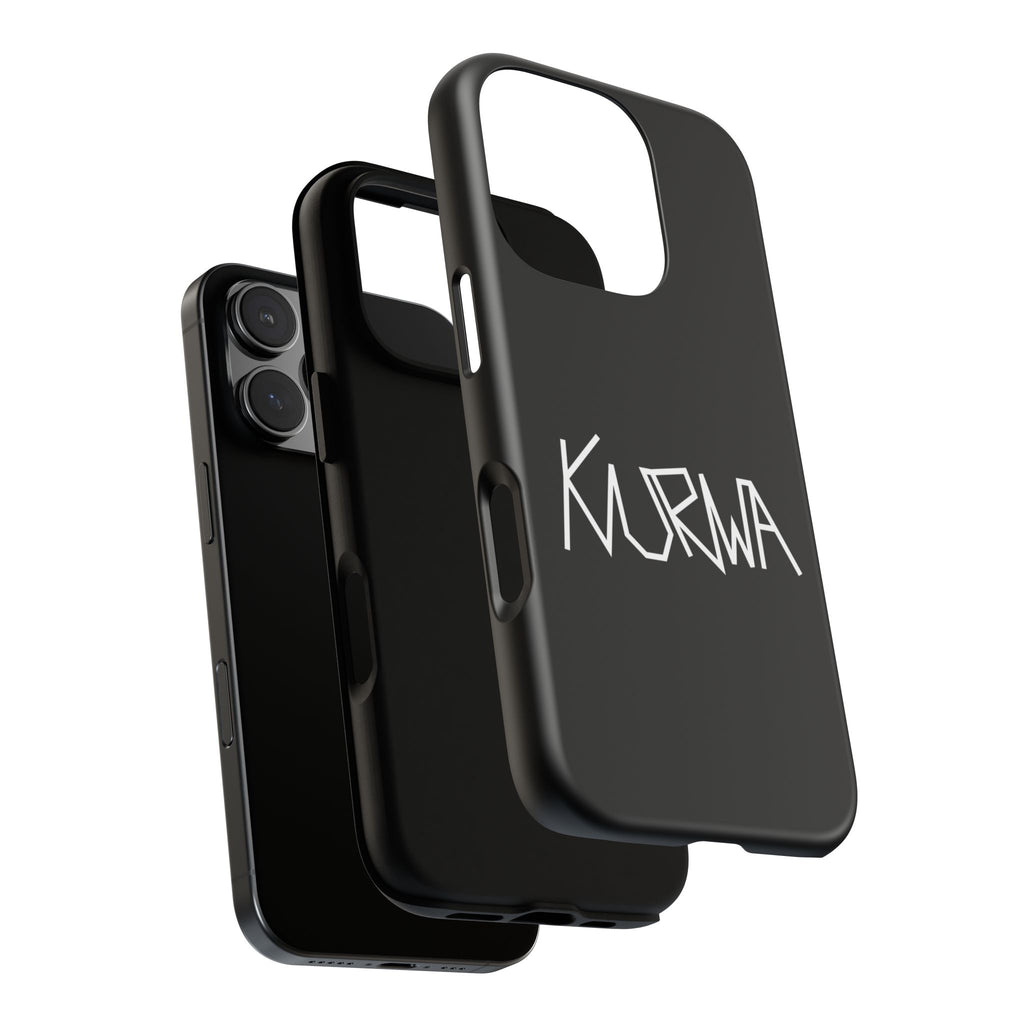 Etui na telefon - minimalistyczne czarne etui „KURWA” w stylu graffiti