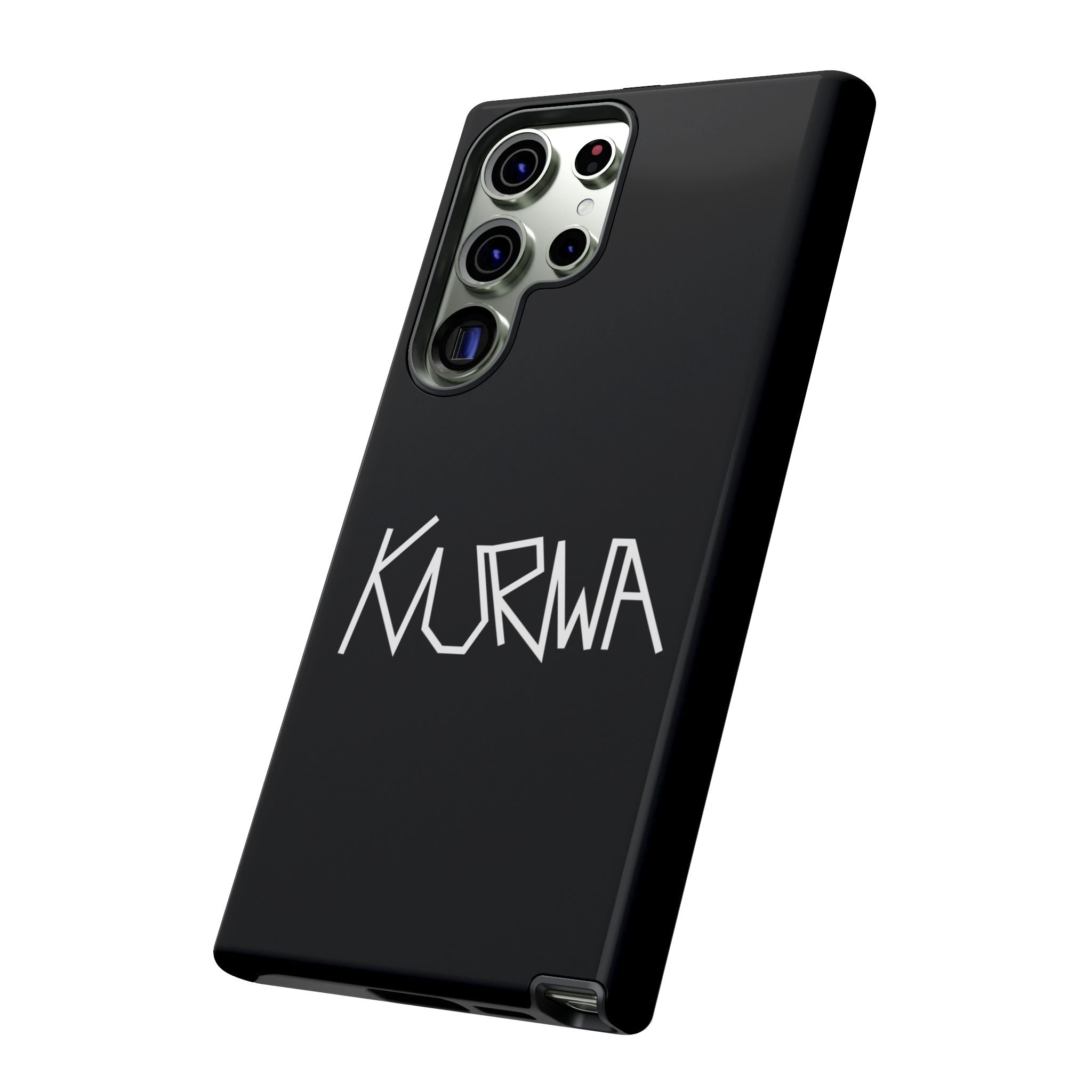 Etui na telefon - minimalistyczne czarne etui „KURWA” w stylu graffiti