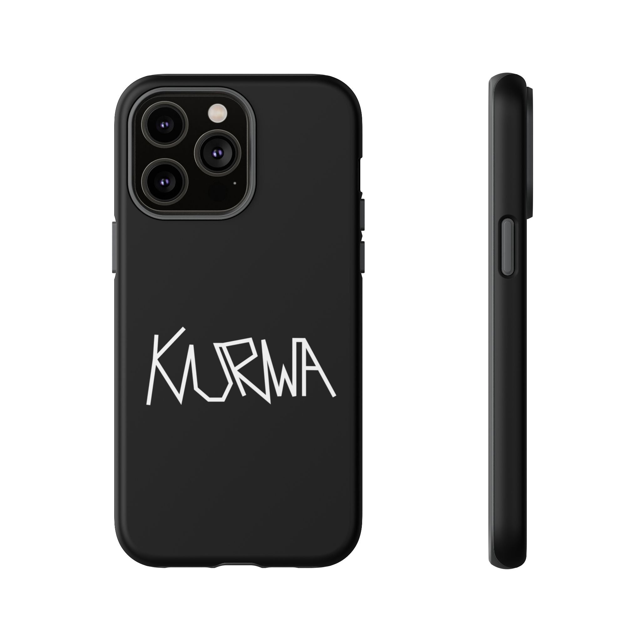 Etui na telefon - minimalistyczne czarne etui „KURWA” w stylu graffiti
