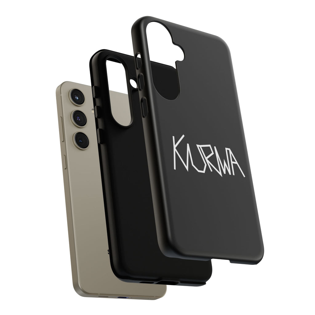 Etui na telefon - minimalistyczne czarne etui „KURWA” w stylu graffiti