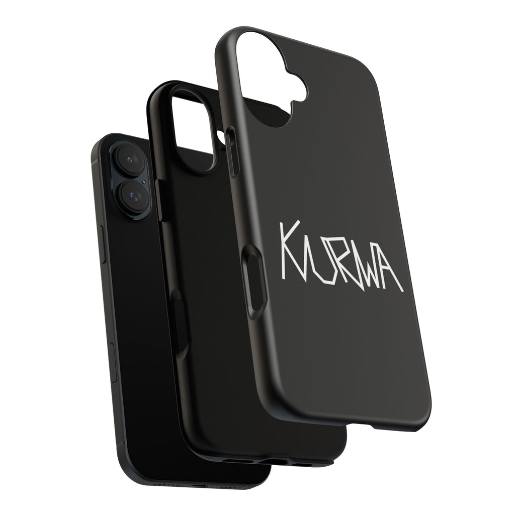 Etui na telefon - minimalistyczne czarne etui „KURWA” w stylu graffiti