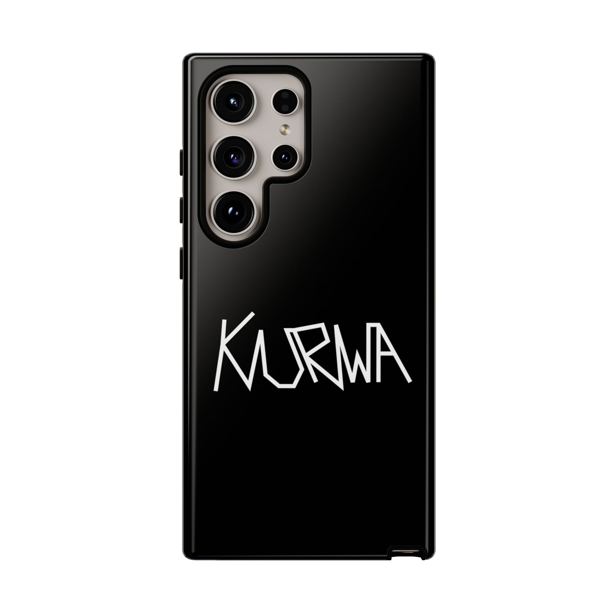 Etui na telefon - minimalistyczne czarne etui „KURWA” w stylu graffiti