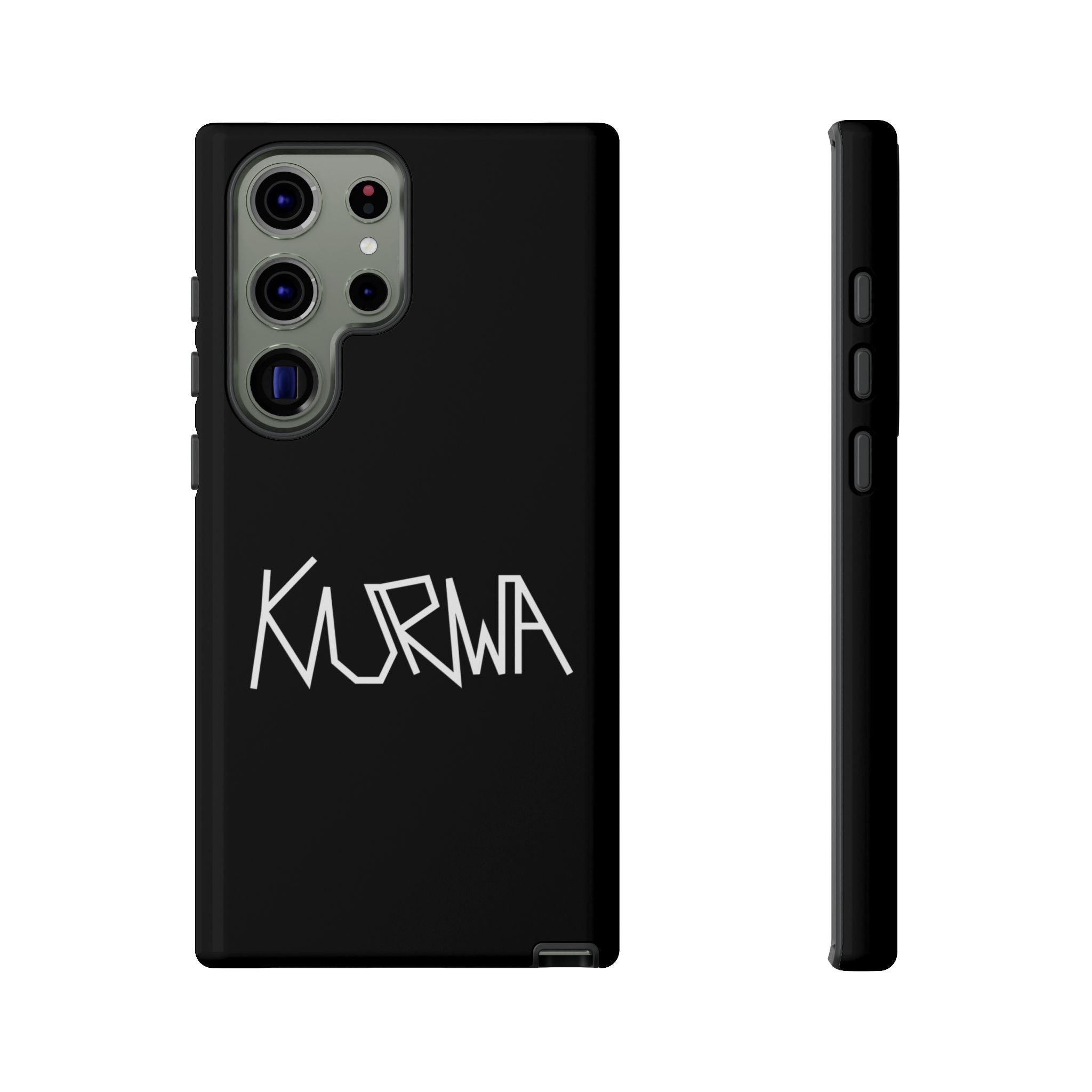Etui na telefon - minimalistyczne czarne etui „KURWA” w stylu graffiti