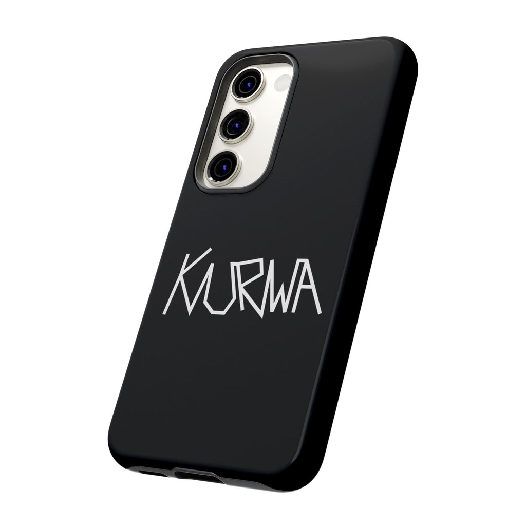 Etui na telefon - minimalistyczne czarne etui „KURWA” w stylu graffiti