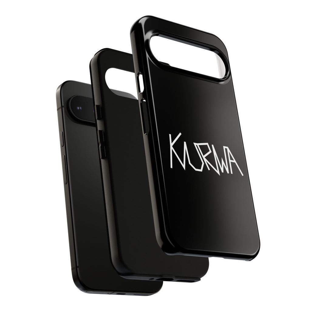 Etui na telefon - minimalistyczne czarne etui „KURWA” w stylu graffiti