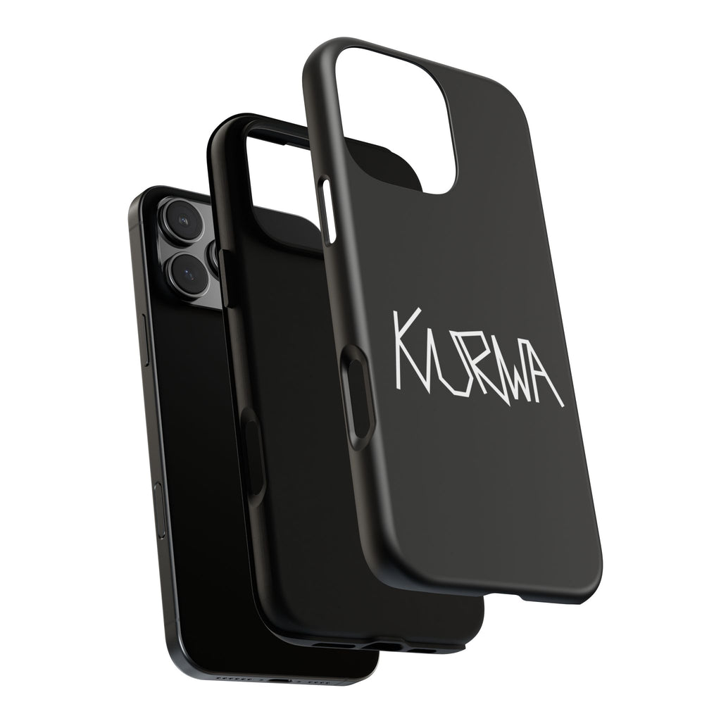 Etui na telefon - minimalistyczne czarne etui „KURWA” w stylu graffiti