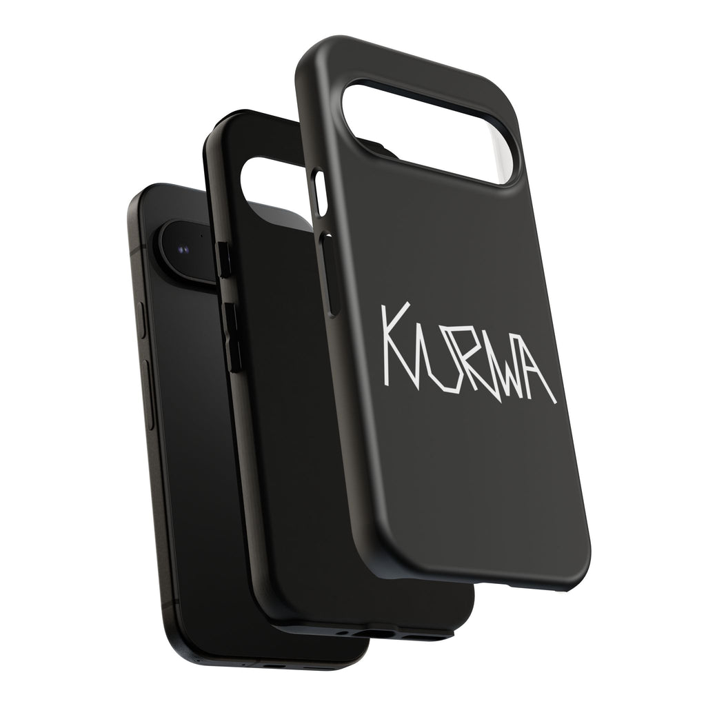Etui na telefon - minimalistyczne czarne etui „KURWA” w stylu graffiti