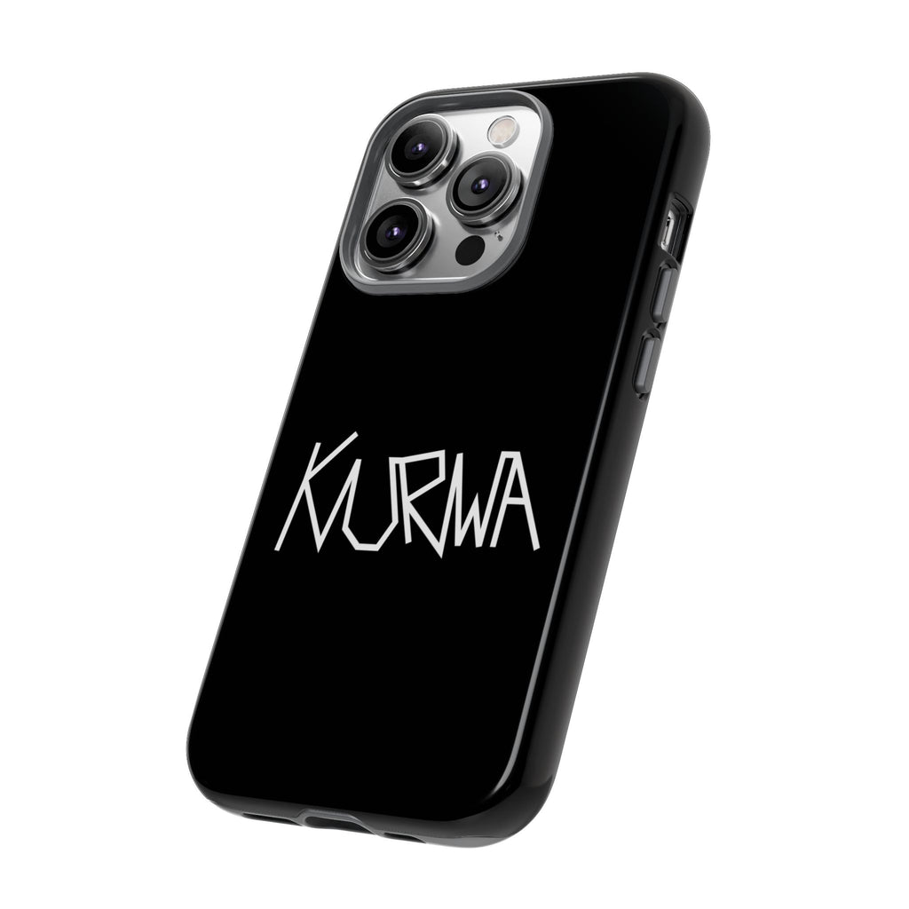 Etui na telefon - minimalistyczne czarne etui „KURWA” w stylu graffiti