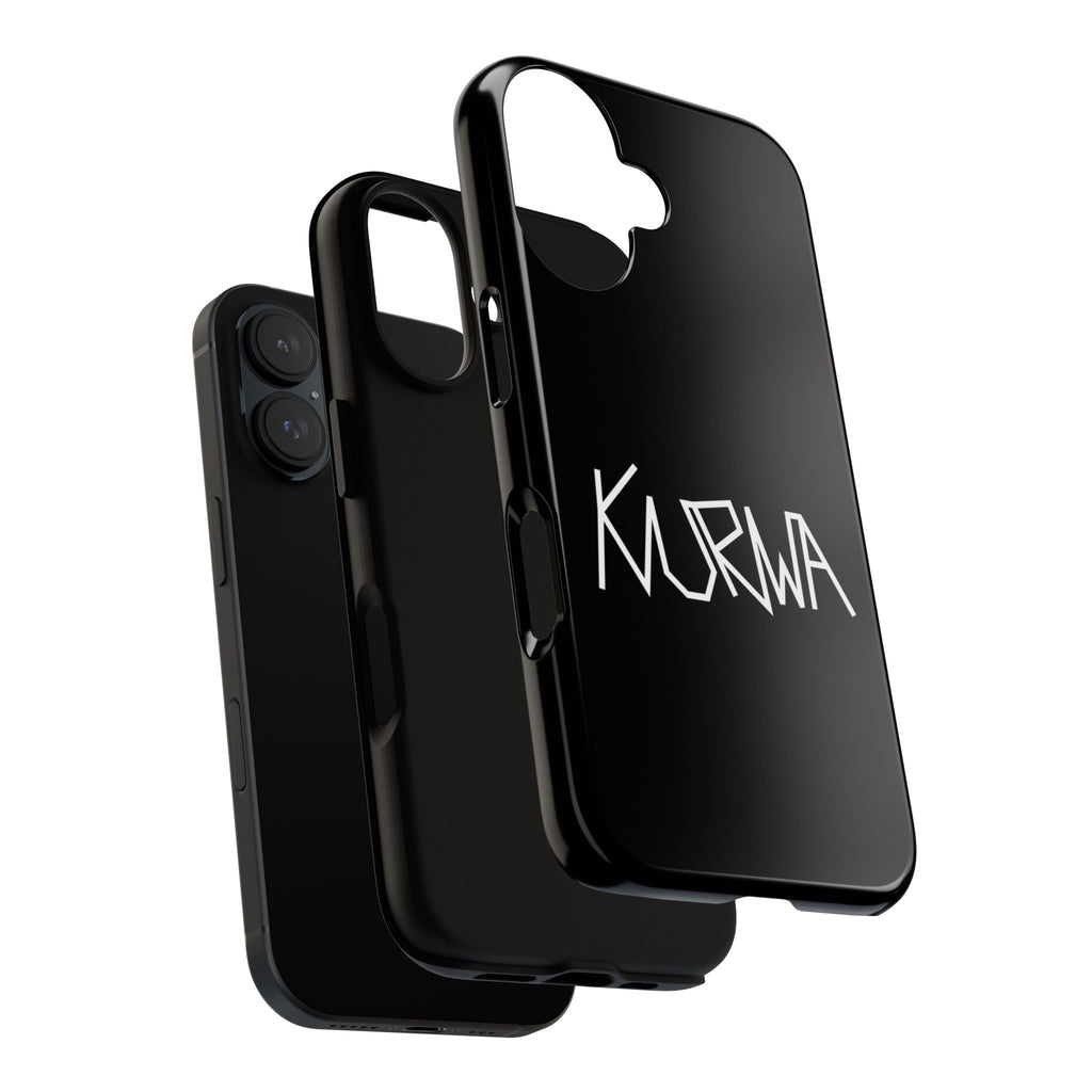 Etui na telefon - minimalistyczne czarne etui „KURWA” w stylu graffiti