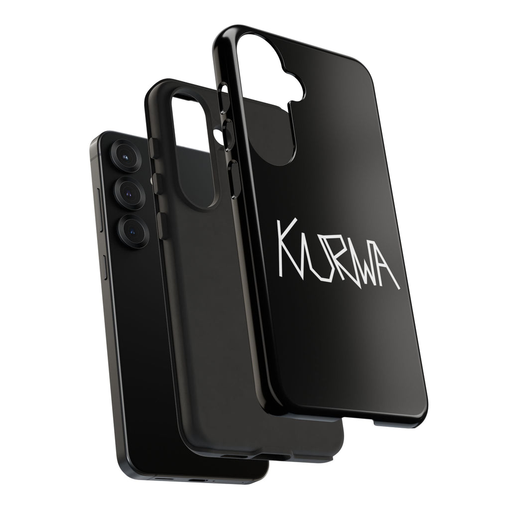 Etui na telefon - minimalistyczne czarne etui „KURWA” w stylu graffiti