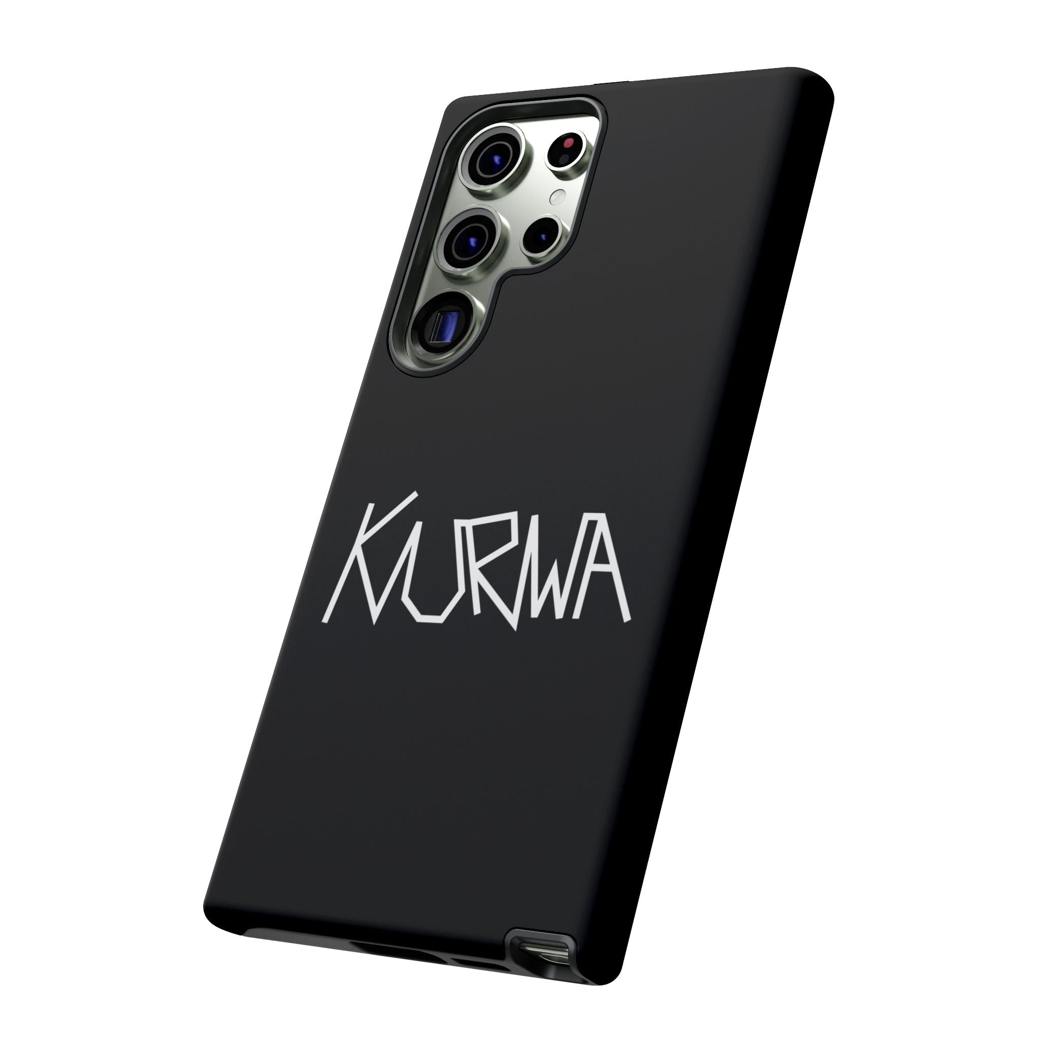 Etui na telefon - minimalistyczne czarne etui „KURWA” w stylu graffiti