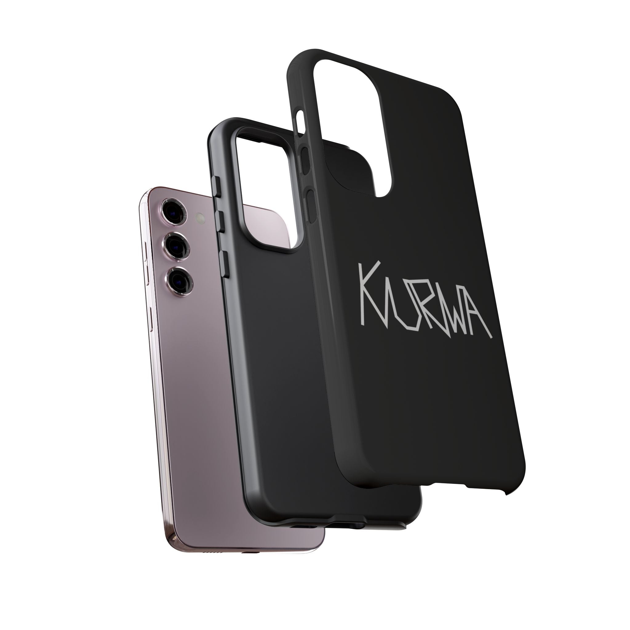 Etui na telefon - minimalistyczne czarne etui „KURWA” w stylu graffiti