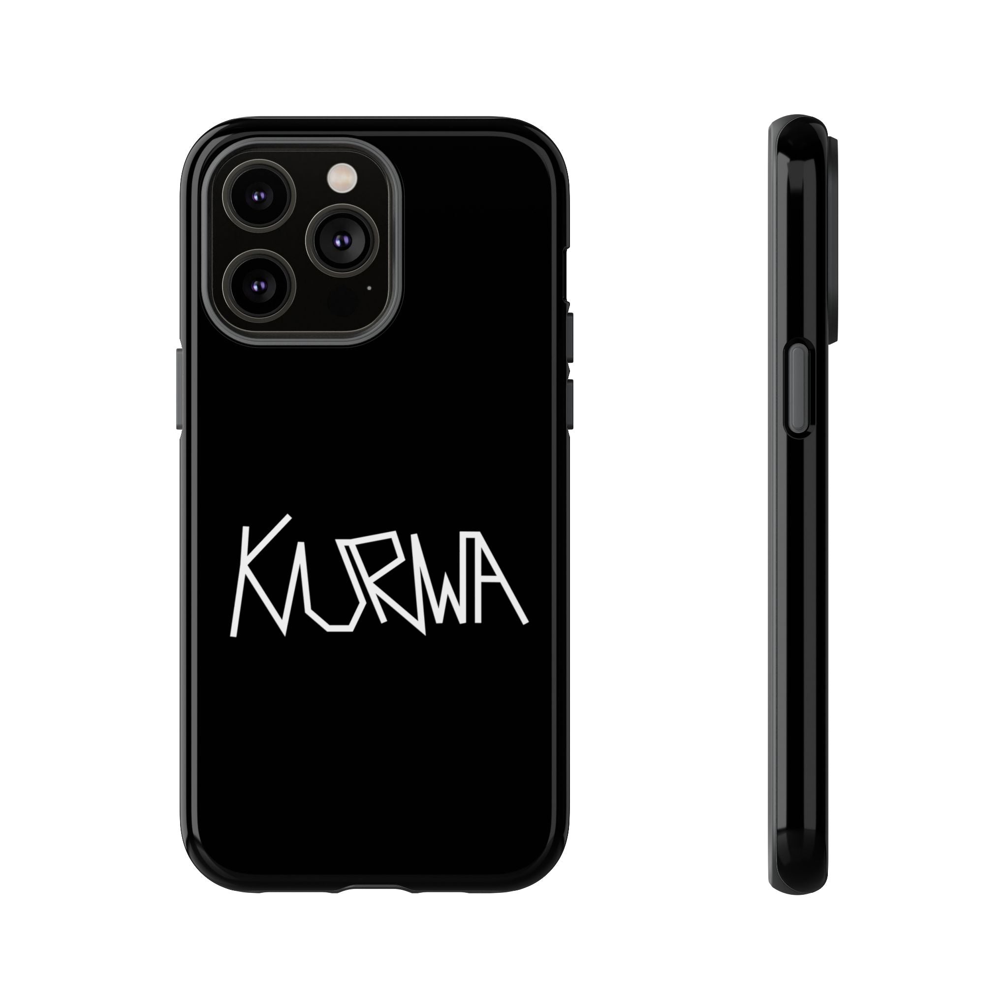 Etui na telefon - minimalistyczne czarne etui „KURWA” w stylu graffiti