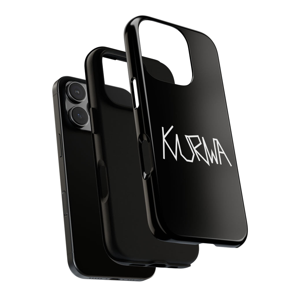 Etui na telefon - minimalistyczne czarne etui „KURWA” w stylu graffiti