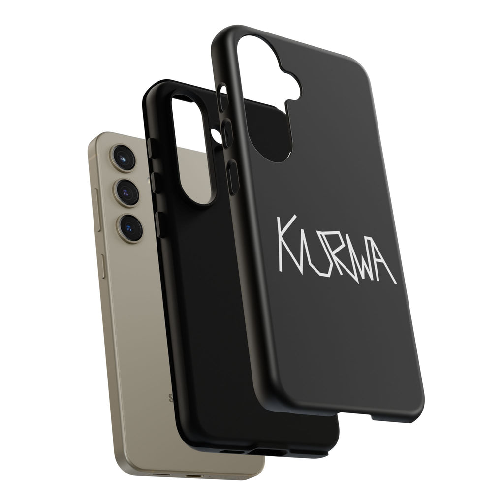 Etui na telefon - minimalistyczne czarne etui „KURWA” w stylu graffiti