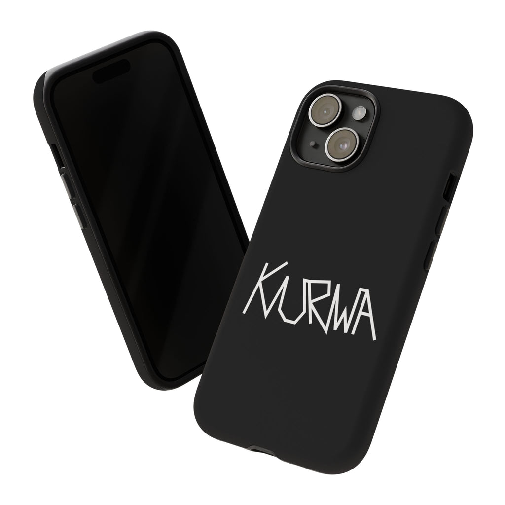 Etui na telefon - minimalistyczne czarne etui „KURWA” w stylu graffiti