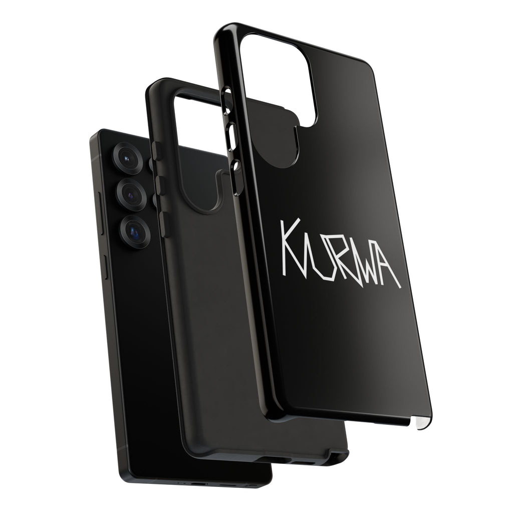 Etui na telefon - minimalistyczne czarne etui „KURWA” w stylu graffiti