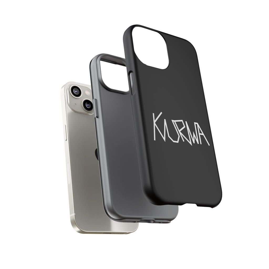 Etui na telefon - minimalistyczne czarne etui „KURWA” w stylu graffiti