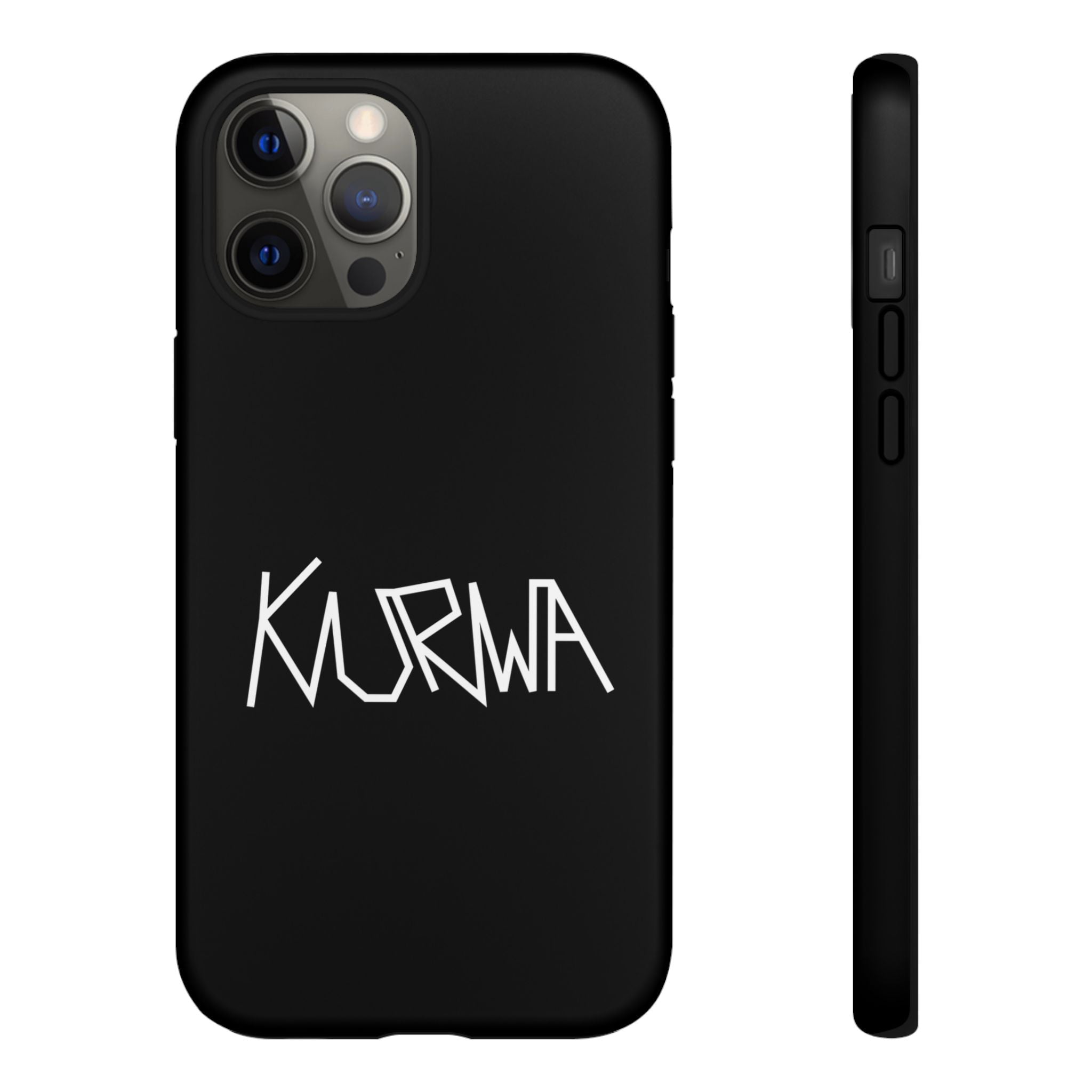 Etui na telefon - minimalistyczne czarne etui „KURWA” w stylu graffiti
